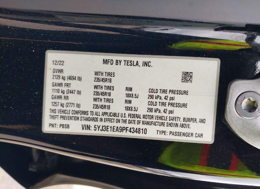 Photo 9 of 2023 Tesla Model 3 REAR-WHEEL DRIVE (VIN 5YJ3E1EA9PF434810)