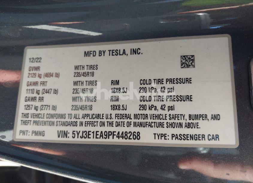 Photo 9 of 2023 Tesla Model 3 REAR-WHEEL DRIVE (VIN 5YJ3E1EA9PF448268)