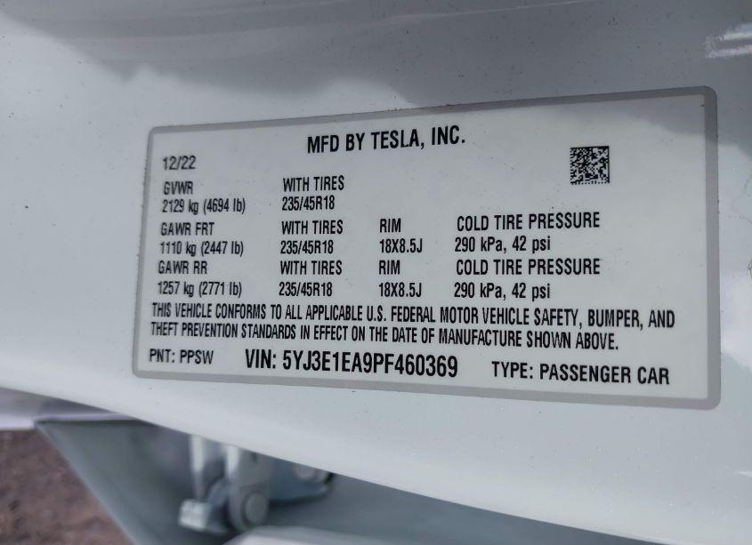 Photo 9 of 2023 Tesla Model 3 REAR-WHEEL DRIVE (VIN 5YJ3E1EA9PF460369)