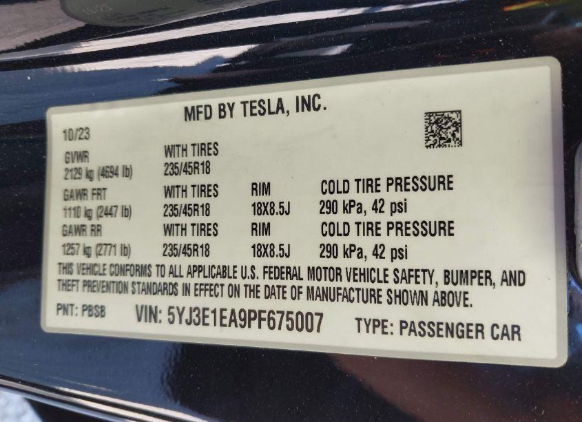 Photo 9 of 2023 Tesla Model 3 REAR-WHEEL DRIVE (VIN 5YJ3E1EA9PF675007)