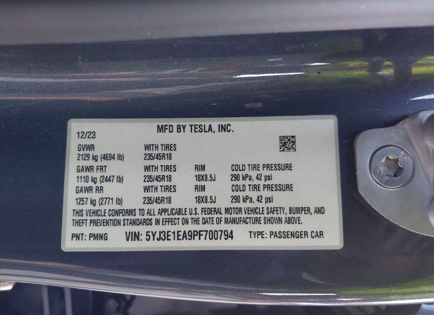 Photo 9 of 2023 Tesla Model 3 REAR-WHEEL DRIVE (VIN 5YJ3E1EA9PF700794)
