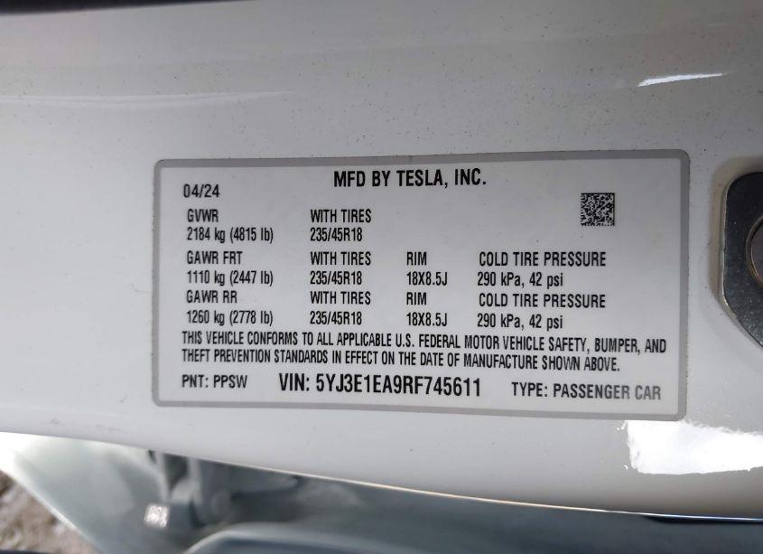 Photo 9 of 2024 Tesla Model 3 LONG RANGE DUAL MOTOR ALL-WHEEL DRIVE/REAR-WHEEL DRIVE (VIN 5YJ3E1EA9RF745611)