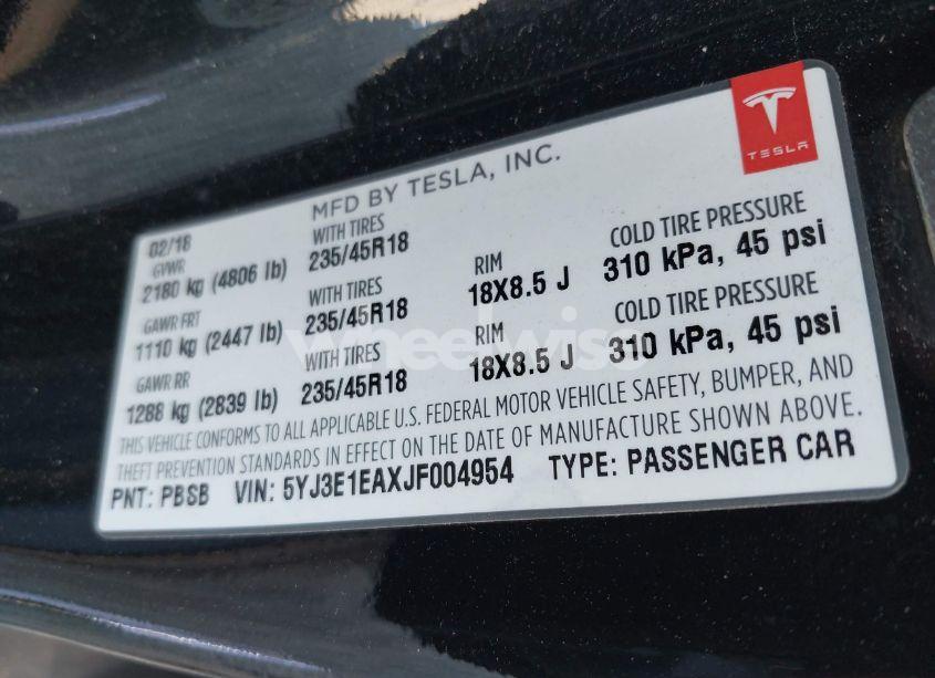 Photo 9 of 2018 Tesla Model 3 LONG RANGE/MID RANGE (VIN 5YJ3E1EAXJF004954)