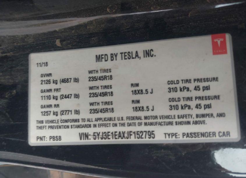 Photo 9 of 2018 Tesla Model 3 LONG RANGE/MID RANGE (VIN 5YJ3E1EAXJF152795)