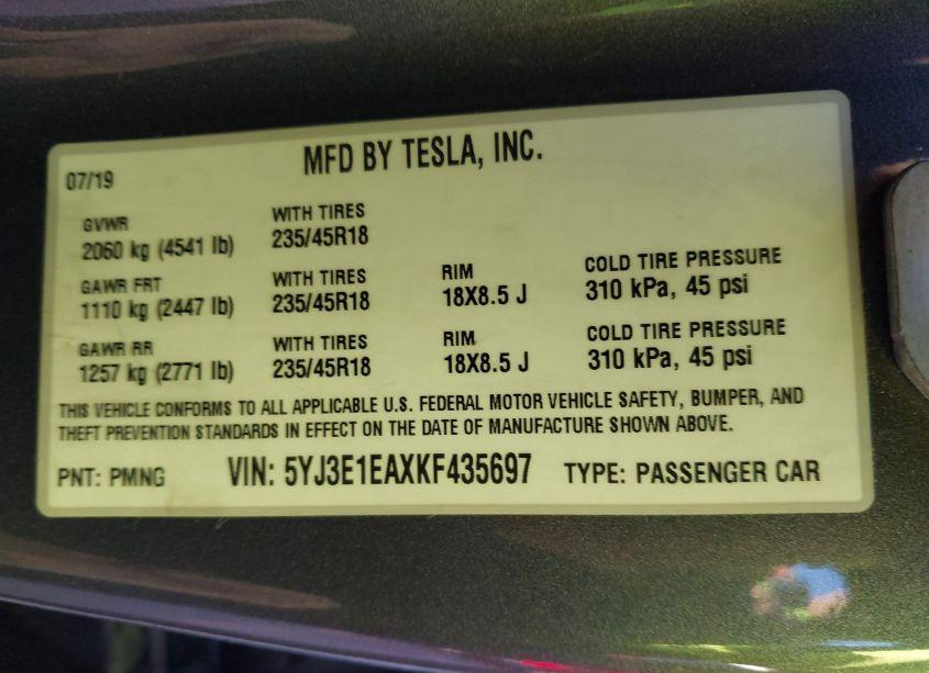 Photo 9 of 2019 Tesla Model 3 LONG RANGE/MID RANGE/STANDARD RANGE/STANDARD RANGE PLUS (VIN 5YJ3E1EAXKF435697)