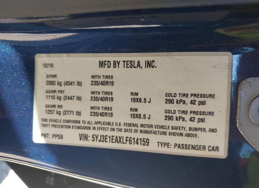 Photo 9 of 2020 Tesla Model 3 STANDARD RANGE PLUS REAR-WHEEL DRIVE/STANDARD RANGE REAR-WHEEL DRIVE (VIN 5YJ3E1EAXLF614159)