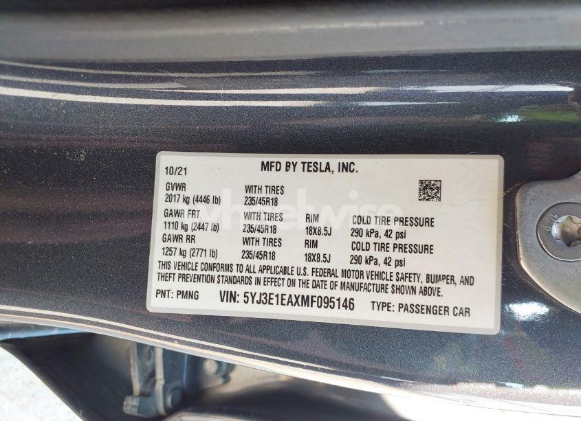 Photo 9 of 2021 Tesla Model 3 STANDARD RANGE PLUS REAR-WHEEL DRIVE (VIN 5YJ3E1EAXMF095146)