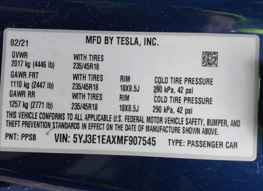 Photo 9 of 2021 Tesla Model 3 STANDARD RANGE PLUS REAR-WHEEL DRIVE (VIN 5YJ3E1EAXMF907545)