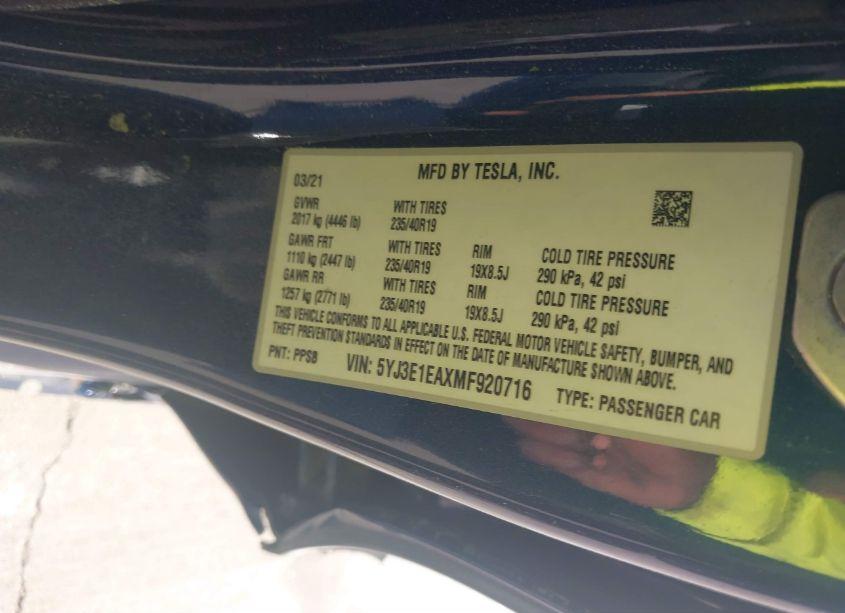 Photo 9 of 2021 Tesla Model 3 STANDARD RANGE PLUS REAR-WHEEL DRIVE (VIN 5YJ3E1EAXMF920716)