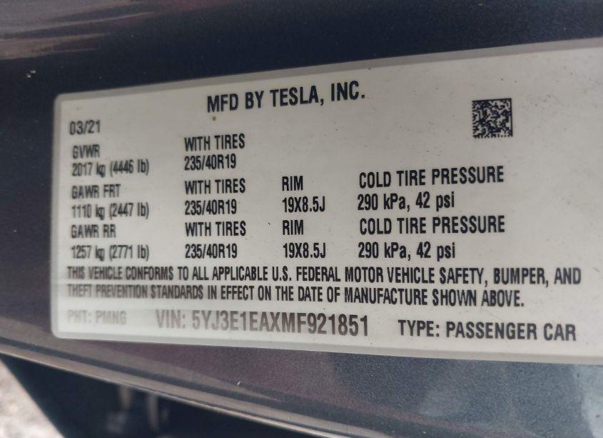 Photo 9 of 2021 Tesla Model 3 STANDARD RANGE PLUS REAR-WHEEL DRIVE (VIN 5YJ3E1EAXMF921851)