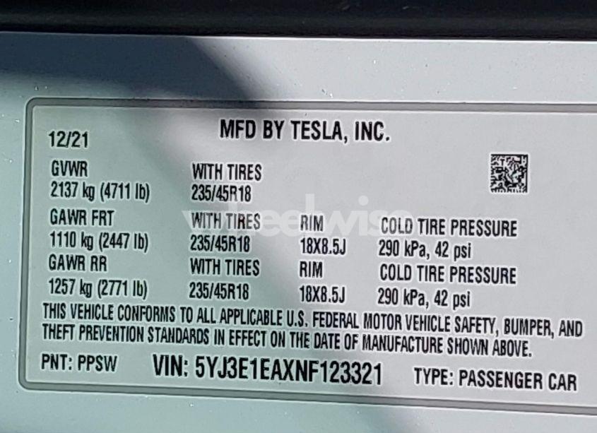 Photo 9 of 2022 Tesla Model 3 REAR-WHEEL DRIVE (VIN 5YJ3E1EAXNF123321)