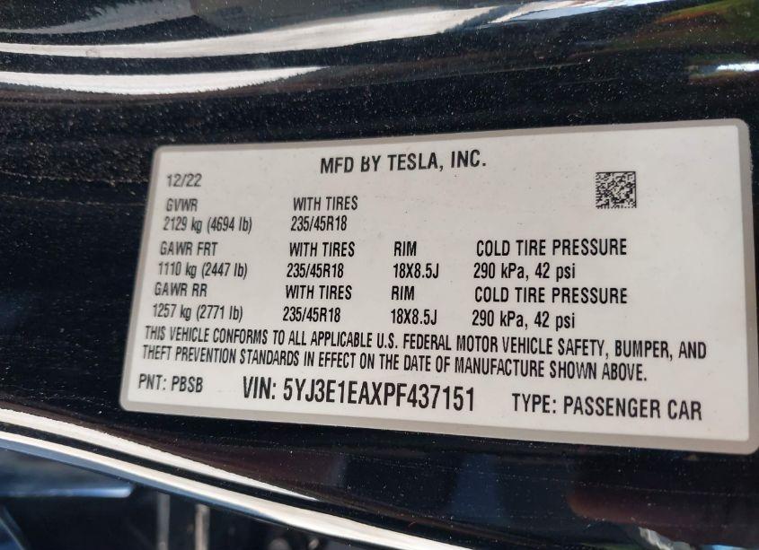 Photo 9 of 2023 Tesla Model 3 REAR-WHEEL DRIVE (VIN 5YJ3E1EAXPF437151)