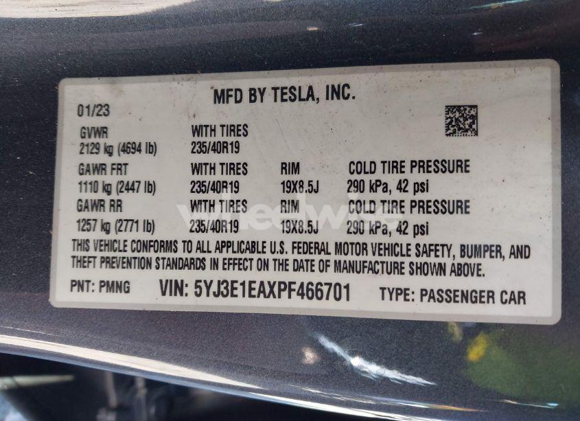 Photo 9 of 2023 Tesla Model 3 REAR-WHEEL DRIVE (VIN 5YJ3E1EAXPF466701)