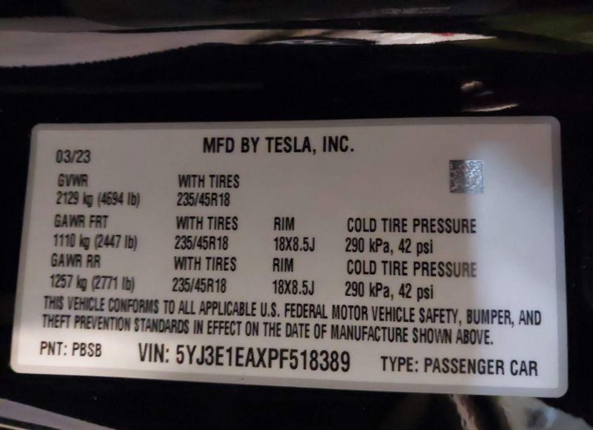 Photo 9 of 2023 Tesla Model 3 REAR-WHEEL DRIVE (VIN 5YJ3E1EAXPF518389)