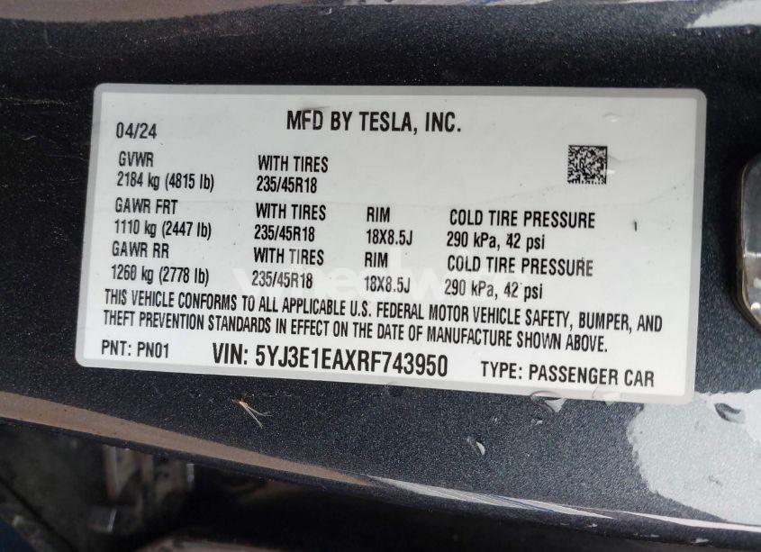 Photo 9 of 2024 Tesla Model 3 LONG RANGE DUAL MOTOR ALL-WHEEL DRIVE/REAR-WHEEL DRIVE (VIN 5YJ3E1EAXRF743950)