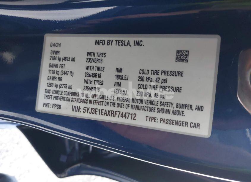 Photo 9 of 2024 Tesla Model 3 LONG RANGE DUAL MOTOR ALL-WHEEL DRIVE/REAR-WHEEL DRIVE (VIN 5YJ3E1EAXRF744712)