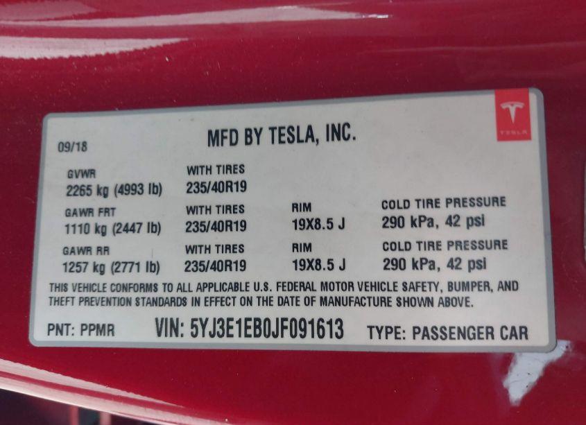 Photo 9 of 2018 Tesla Model 3 LONG RANGE/PERFORMANCE (VIN 5YJ3E1EB0JF091613)