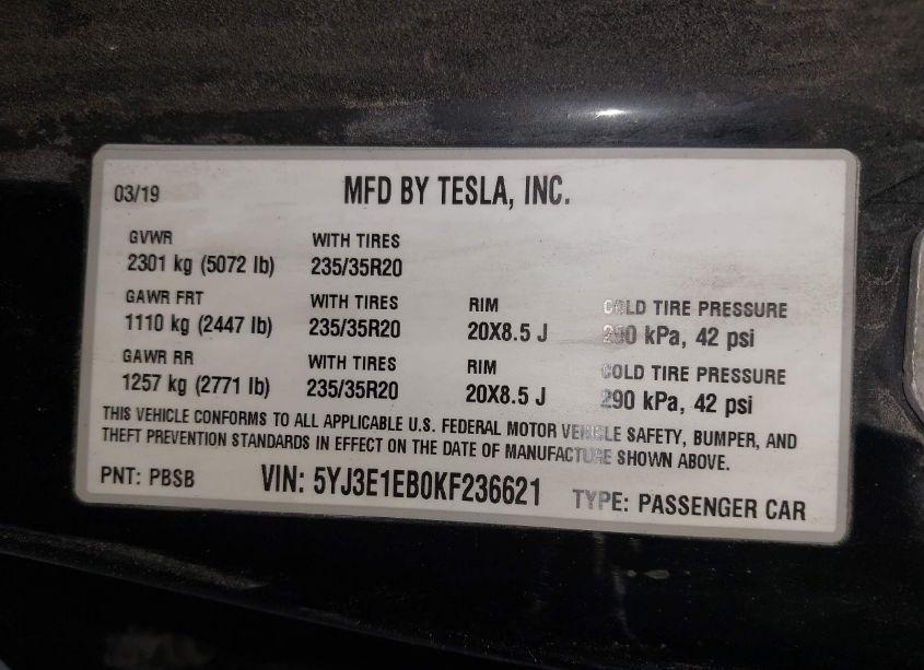 Photo 9 of 2019 Tesla Model 3 LONG RANGE/PERFORMANCE (VIN 5YJ3E1EB0KF236621)
