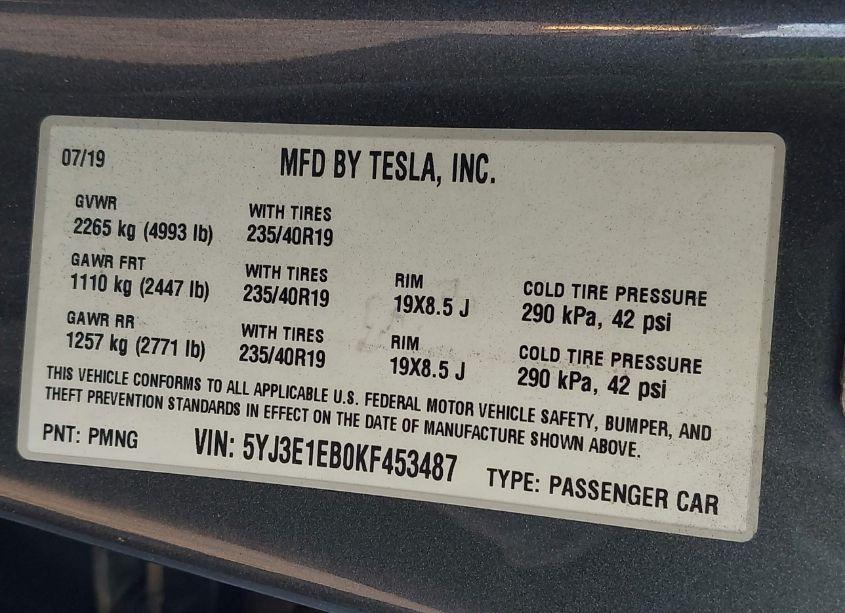 Photo 9 of 2019 Tesla Model 3 LONG RANGE/PERFORMANCE (VIN 5YJ3E1EB0KF453487)