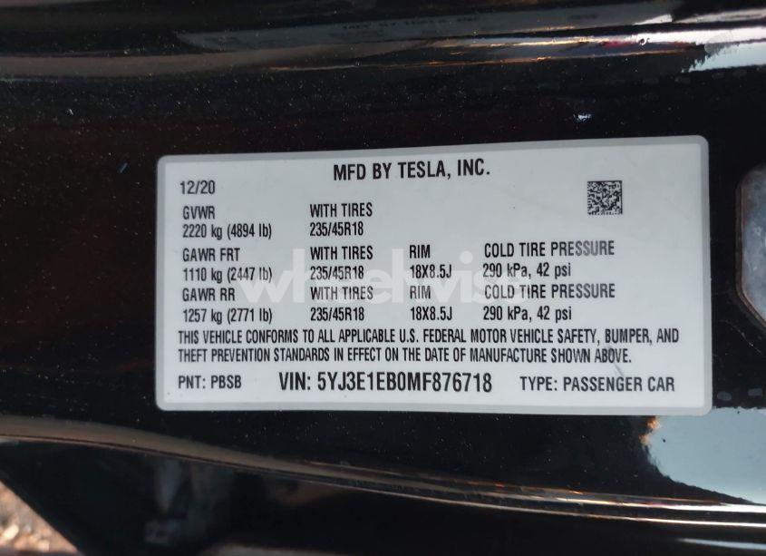 Photo 9 of 2021 Tesla Model 3 LONG RANGE DUAL MOTOR ALL-WHEEL DRIVE (VIN 5YJ3E1EB0MF876718)