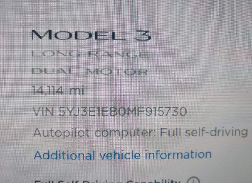 Photo 15 of 2021 Tesla Model 3 LONG RANGE DUAL MOTOR ALL-WHEEL DRIVE (VIN 5YJ3E1EB0MF915730)