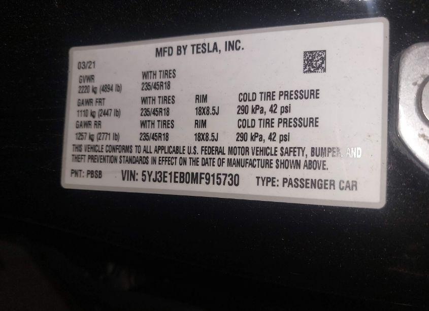 Photo 9 of 2021 Tesla Model 3 LONG RANGE DUAL MOTOR ALL-WHEEL DRIVE (VIN 5YJ3E1EB0MF915730)