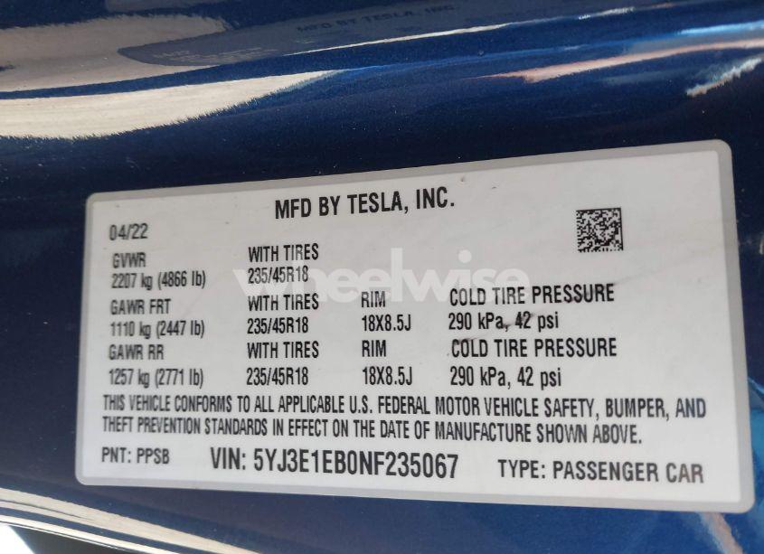 Photo 9 of 2022 Tesla Model 3 LONG RANGE DUAL MOTOR ALL-WHEEL DRIVE (VIN 5YJ3E1EB0NF235067)