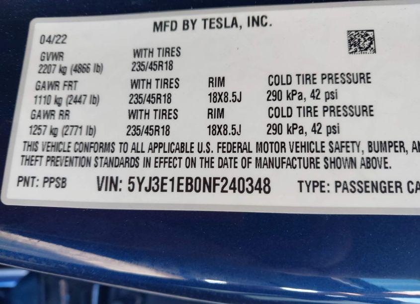 Photo 9 of 2022 Tesla Model 3 LONG RANGE DUAL MOTOR ALL-WHEEL DRIVE (VIN 5YJ3E1EB0NF240348)