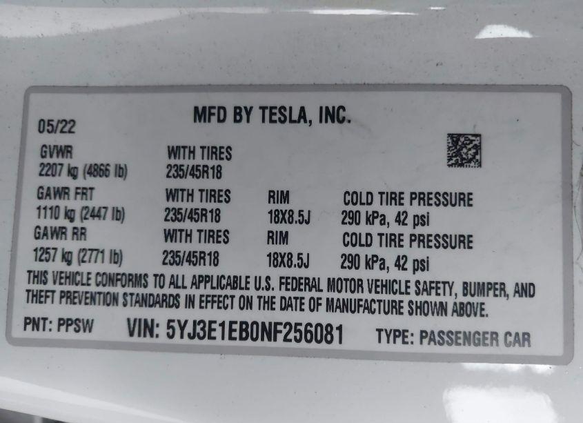 Photo 9 of 2022 Tesla Model 3 LONG RANGE DUAL MOTOR ALL-WHEEL DRIVE (VIN 5YJ3E1EB0NF256081)