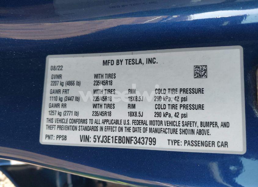 Photo 9 of 2022 Tesla Model 3 LONG RANGE DUAL MOTOR ALL-WHEEL DRIVE (VIN 5YJ3E1EB0NF343799)