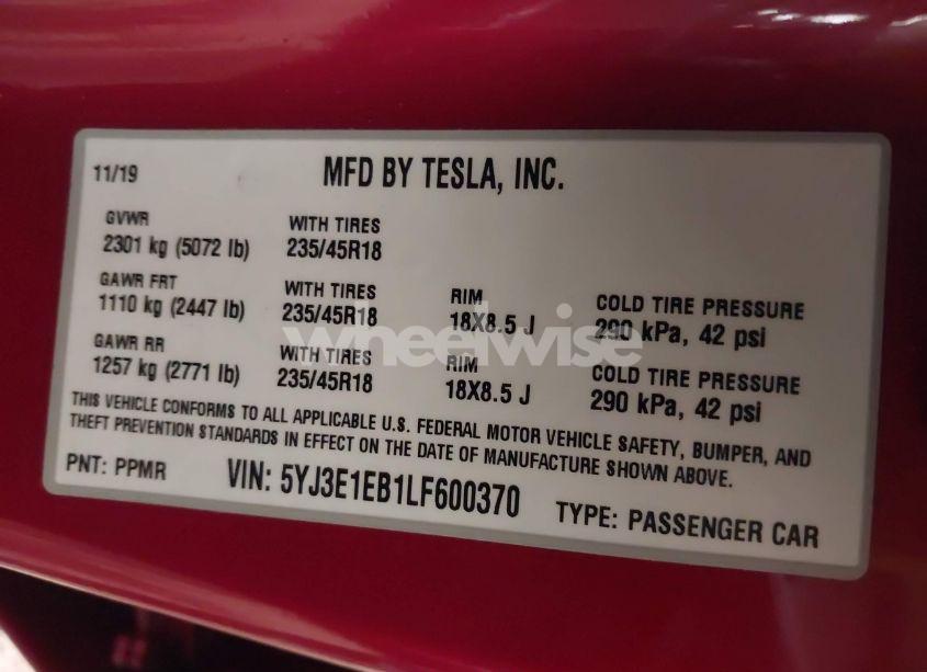 Photo 9 of 2020 Tesla Model 3 LONG RANGE DUAL MOTOR ALL-WHEEL DRIVE (VIN 5YJ3E1EB1LF600370)