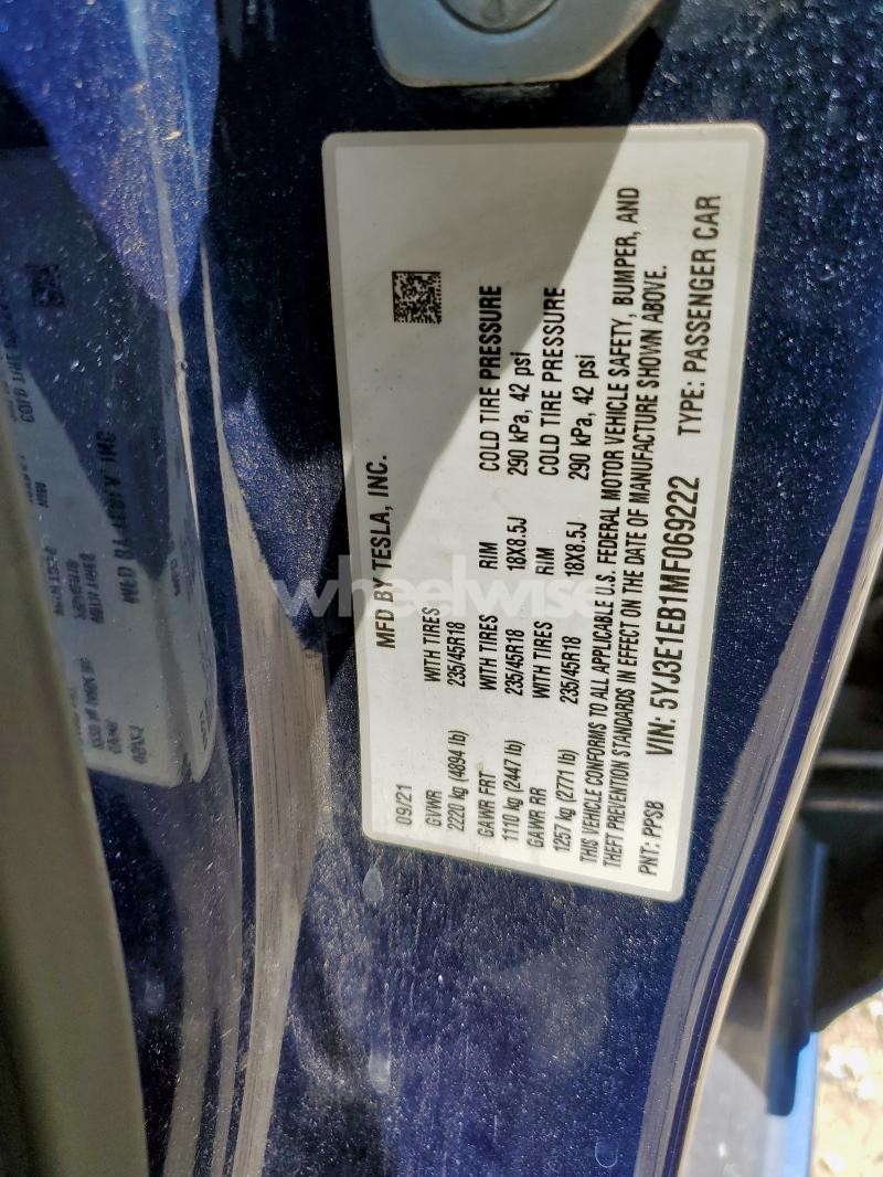 Photo 4 of 2021 TESLA MODEL 3 N/A (VIN 5YJ3E1EB1MF069222)