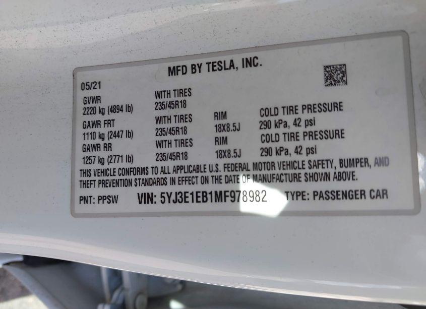 Photo 9 of 2021 Tesla Model 3 LONG RANGE DUAL MOTOR ALL-WHEEL DRIVE (VIN 5YJ3E1EB1MF978982)