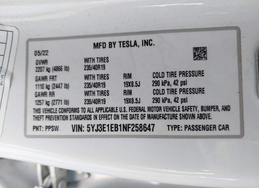 Photo 9 of 2022 Tesla Model 3 LONG RANGE DUAL MOTOR ALL-WHEEL DRIVE (VIN 5YJ3E1EB1NF258647)