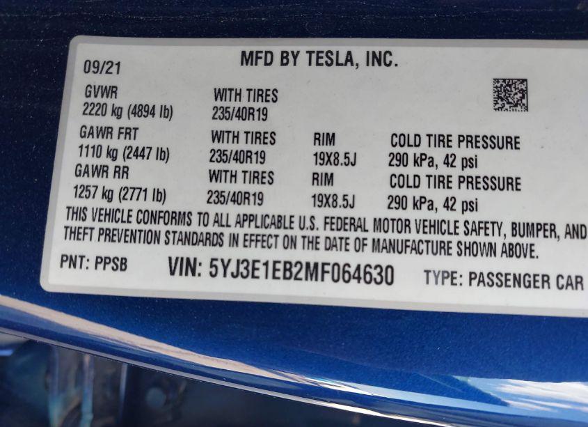 Photo 9 of 2021 Tesla Model 3 LONG RANGE DUAL MOTOR ALL-WHEEL DRIVE (VIN 5YJ3E1EB2MF064630)