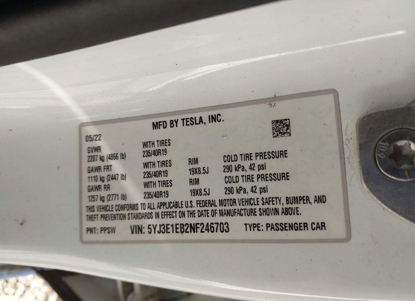 Photo 9 of 2022 Tesla Model 3 LONG RANGE DUAL MOTOR ALL-WHEEL DRIVE (VIN 5YJ3E1EB2NF246703)