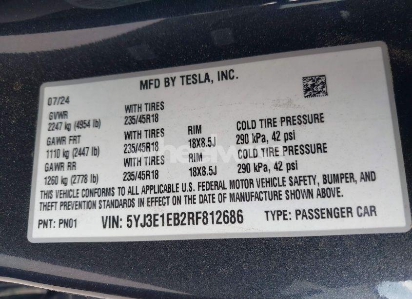 Photo 9 of 2024 Tesla Model 3 LONG RANGE DUAL MOTOR ALL-WHEEL DRIVE (VIN 5YJ3E1EB2RF812686)