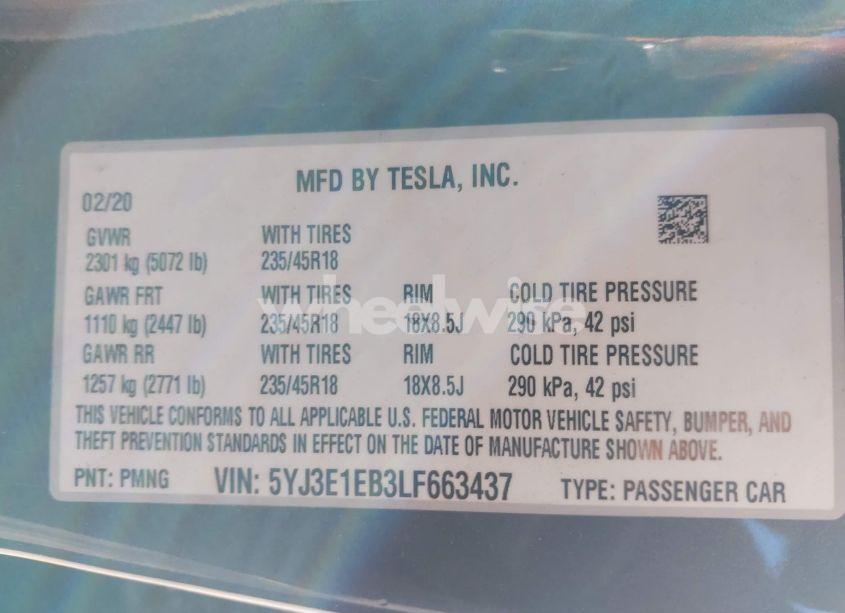 Photo 9 of 2020 Tesla Model 3 LONG RANGE DUAL MOTOR ALL-WHEEL DRIVE (VIN 5YJ3E1EB3LF663437)