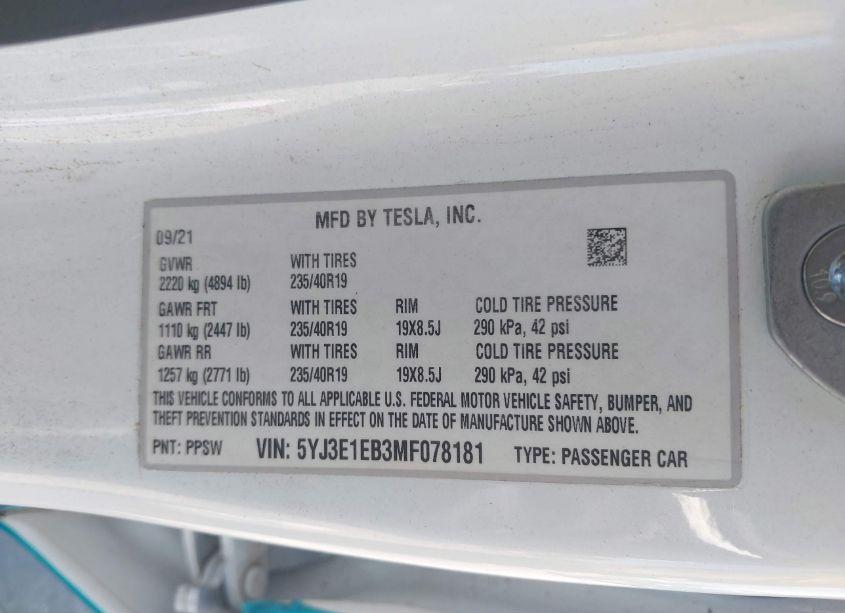 Photo 9 of 2021 Tesla Model 3 LONG RANGE DUAL MOTOR ALL-WHEEL DRIVE (VIN 5YJ3E1EB3MF078181)