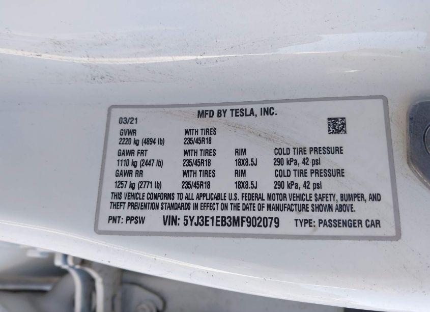 Photo 9 of 2021 Tesla Model 3 LONG RANGE DUAL MOTOR ALL-WHEEL DRIVE (VIN 5YJ3E1EB3MF902079)
