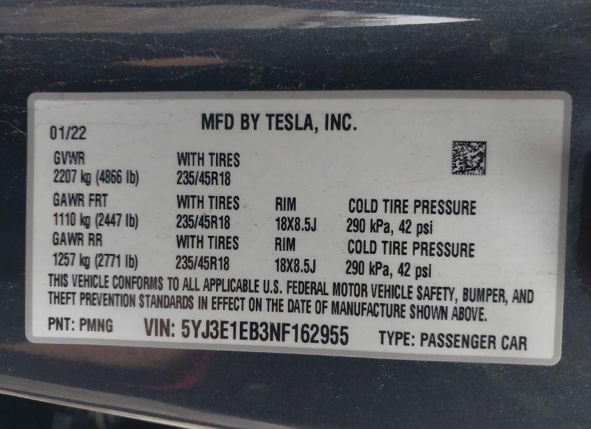 Photo 9 of 2022 Tesla Model 3 LONG RANGE DUAL MOTOR ALL-WHEEL DRIVE (VIN 5YJ3E1EB3NF162955)