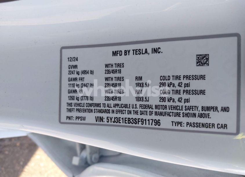 Photo 9 of 2025 Tesla Model 3 LONG RANGE ALL-WHEEL DRIVE (VIN 5YJ3E1EB3SF911796)