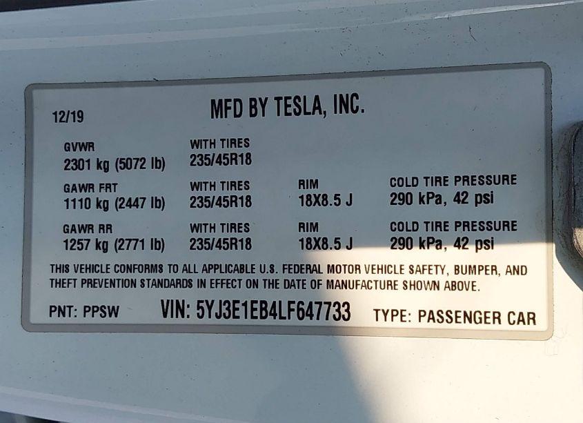 Photo 9 of 2020 Tesla Model 3 LONG RANGE DUAL MOTOR ALL-WHEEL DRIVE (VIN 5YJ3E1EB4LF647733)