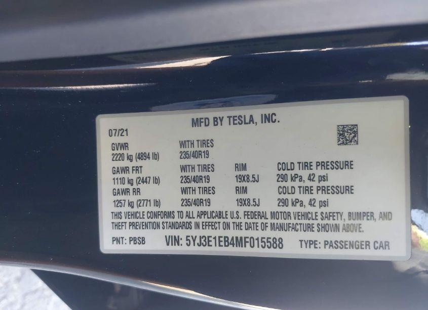 Photo 9 of 2021 Tesla Model 3 LONG RANGE DUAL MOTOR ALL-WHEEL DRIVE (VIN 5YJ3E1EB4MF015588)