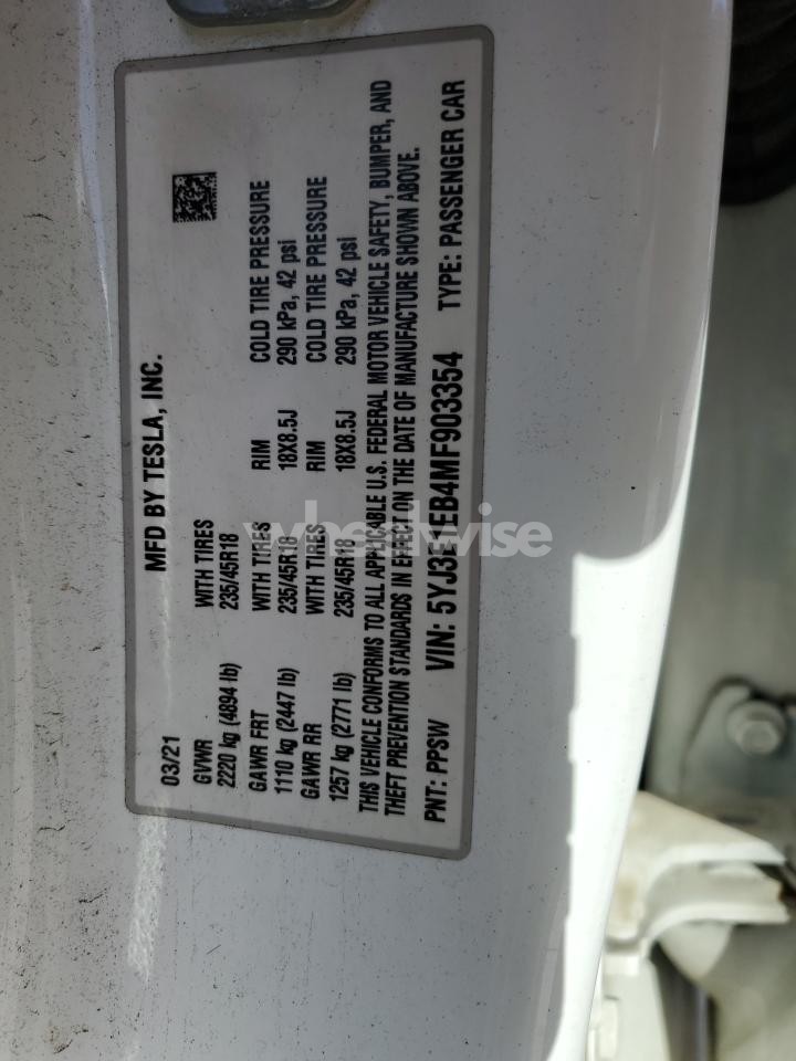Photo 13 of 2021 TESLA MODEL 3 (VIN 5YJ3E1EB4MF903354)