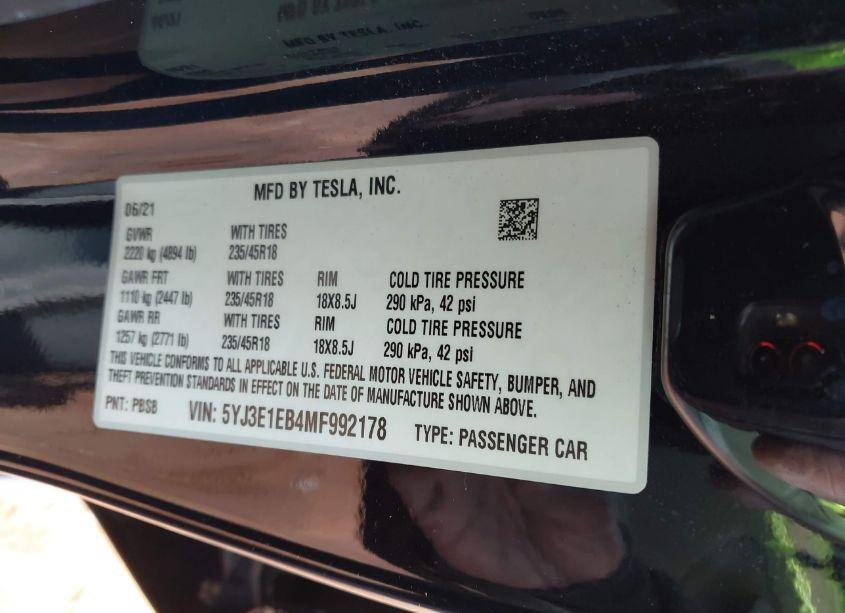 Photo 9 of 2021 Tesla Model 3 LONG RANGE DUAL MOTOR ALL-WHEEL DRIVE (VIN 5YJ3E1EB4MF992178)