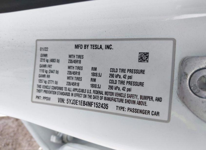 Photo 9 of 2022 Tesla Model 3 LONG RANGE DUAL MOTOR ALL-WHEEL DRIVE (VIN 5YJ3E1EB4NF152435)