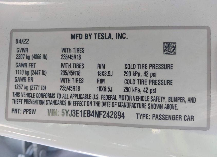 Photo 9 of 2022 Tesla Model 3 LONG RANGE DUAL MOTOR ALL-WHEEL DRIVE (VIN 5YJ3E1EB4NF242894)
