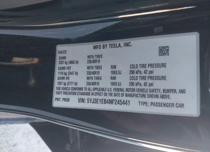 Photo 9 of 2022 Tesla Model 3 LONG RANGE DUAL MOTOR ALL-WHEEL DRIVE (VIN 5YJ3E1EB4NF245441)