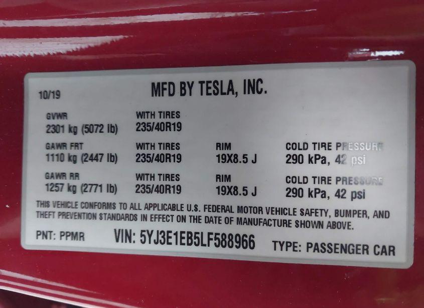 Photo 9 of 2020 Tesla Model 3 LONG RANGE DUAL MOTOR ALL-WHEEL DRIVE (VIN 5YJ3E1EB5LF588966)